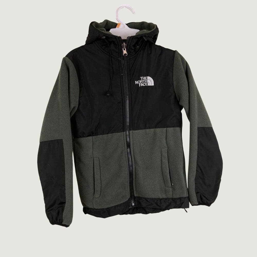 The North Face Denali Hooded Fleece Jacket Boys sz 6 Olive Green Black Logo